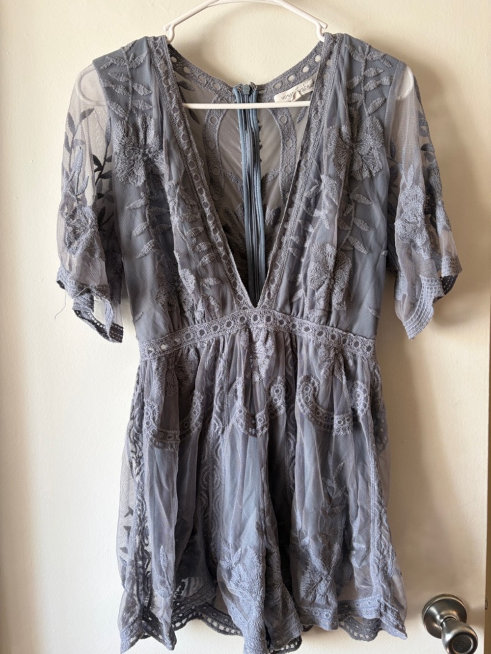 Honey Punch Gray Lace V-Neck Romper